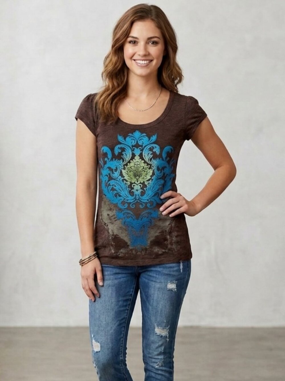 Vintage Maurices Distressed Floral Flourish Short Sleeve Brown Blue Top w/Gold